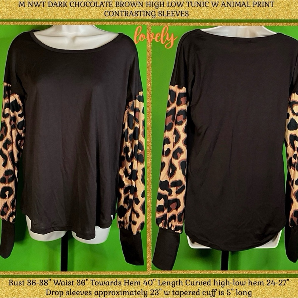M NWT LOVEU.DEAR DARK CHOCOLATE BROWN TUNIC W CONTRASTING ANIMAL PRINT SLEEVES